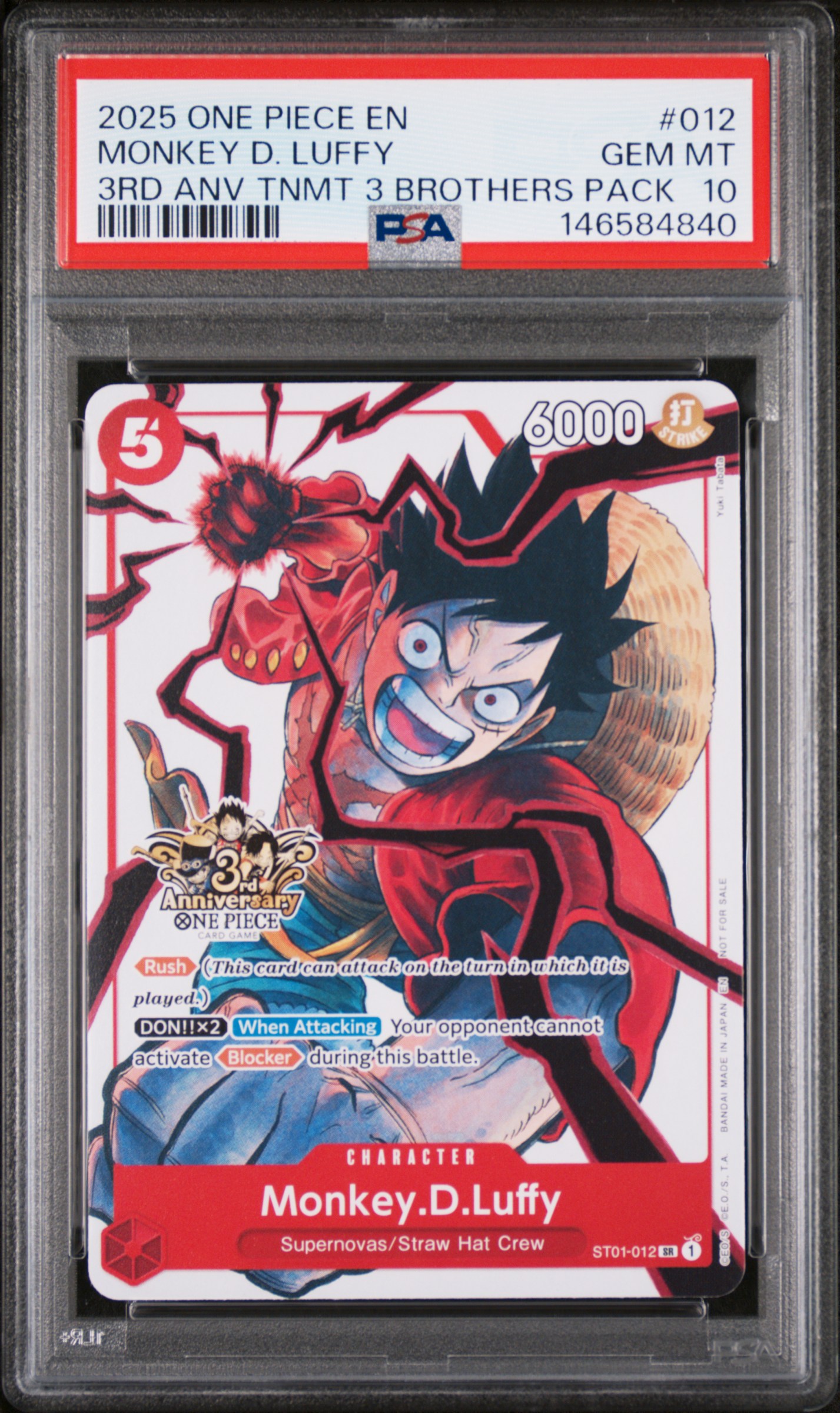 2025 #012 Monkey D. Luffy PSA 10 One Piece 3rd Anniversary Tournament 3 Brothers Pack