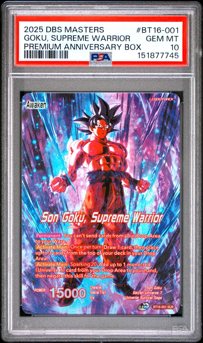 2025 #BT16-001 Son Goku/Son Goku, Supreme Warrior PSA 10 Dragon Ball Super Card Game Masters Premium Anniversary Box