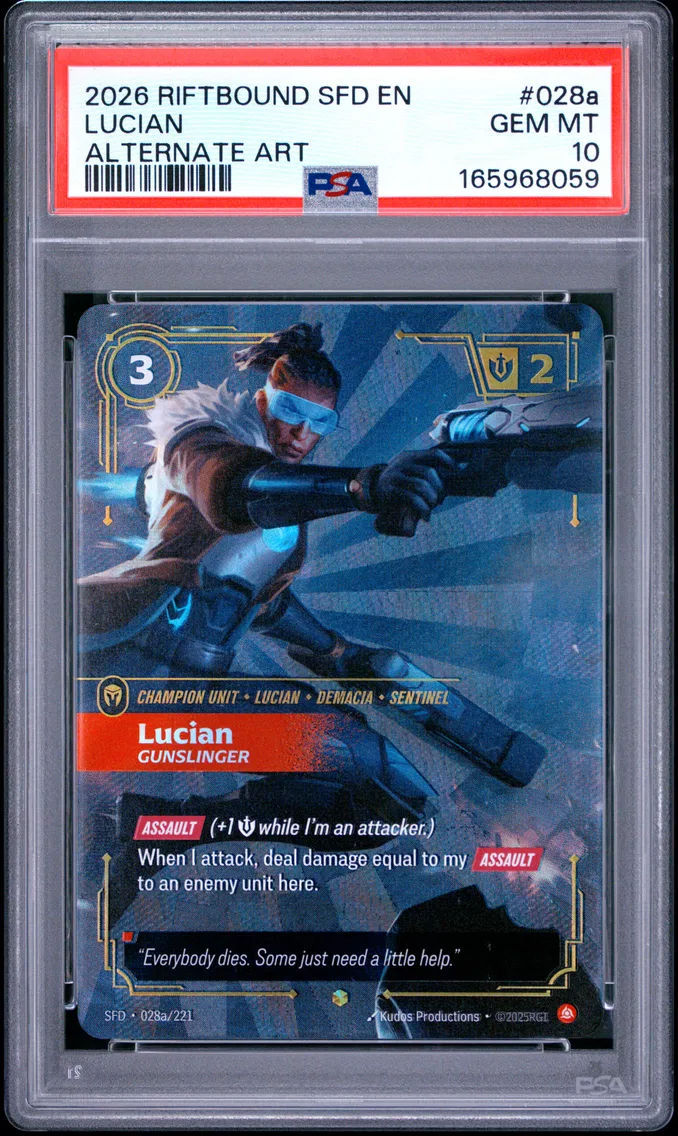 2026 #028a Lucian - Gunslinger PSA 10 Riftbound: League of Legends Sfd-Spiritforged