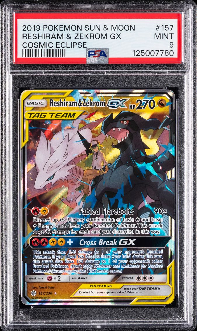 2019 #157 Reshiram & Zekrom GX PSA 9 Sun & Moon Cosmic Eclipse Pokemon