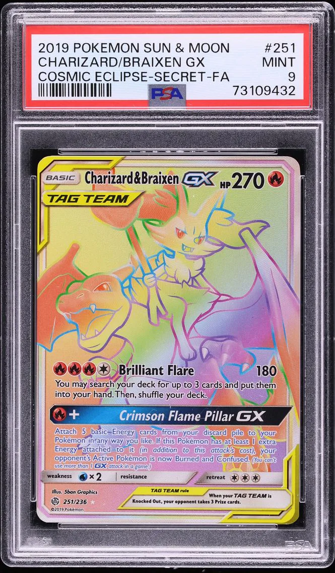2019 #251 Full Art/Charizard & Braixen GX PSA 9 Sun & Moon Cosmic Eclipse Pokemon