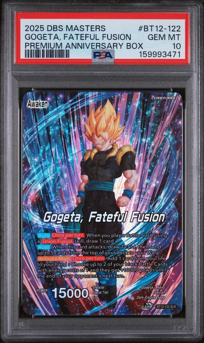 2025 #BT12-122 Gogeta, Fateful Fusion/Son Goku & Vegeta PSA 10 Dragon Ball Super Card Game Masters Premium Anniversary Box