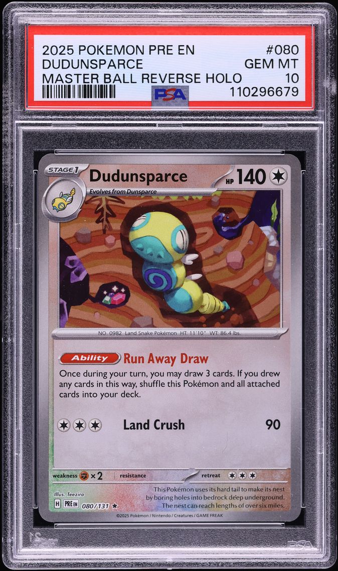 2025 #080 Dudunsparce Master Ball Reverse Holo PSA 10 Pre EN-Prismatic Evolutions Pokemon