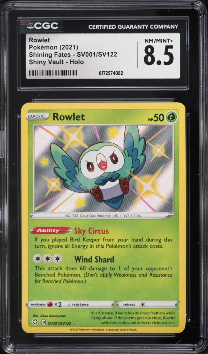 2021 Pokemon Sword & Shield Shining Fates Shiny Rowlet #SV001 CGC 8.5 NM-MT+