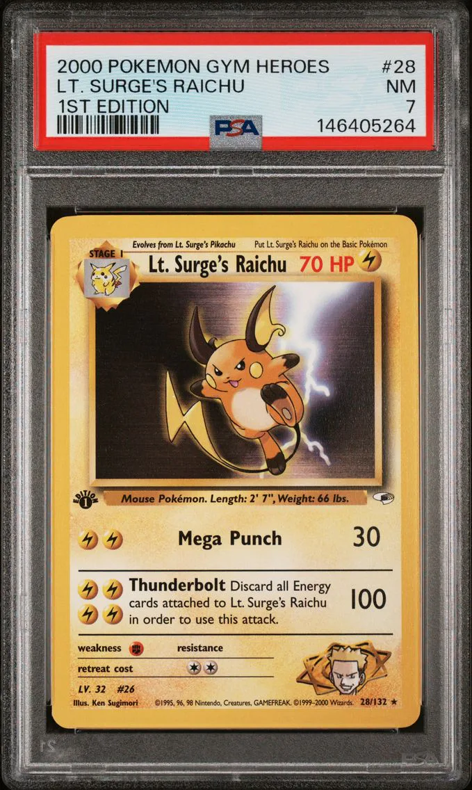 2000 #28 LT. Surge's Raichu 1st Edition PSA 7 Gym Heroes