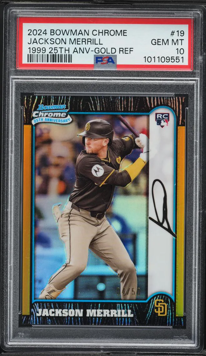 2024 Bowman Chrome '99 25th Anniversary Gold Refractor Jackson Merrill ROOKIE /50 #19 PSA 10