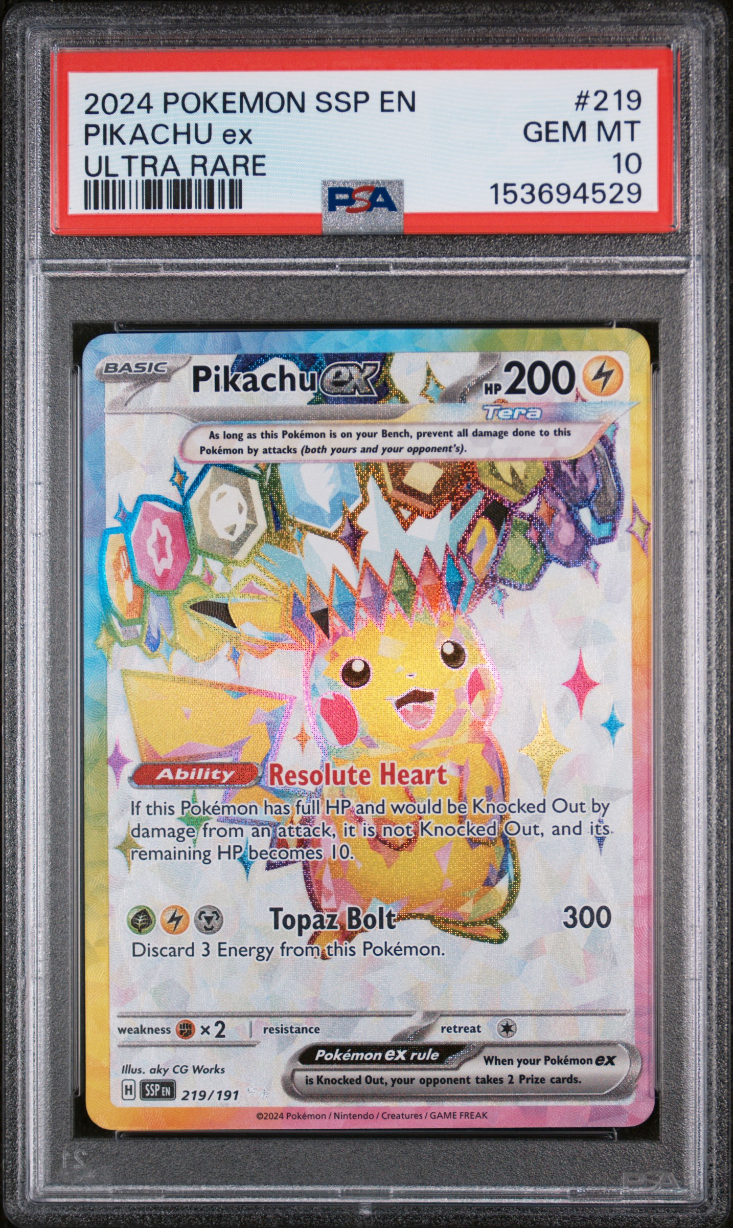 2024 #219 Pikachu Ex PSA 10 Ssp En-Surging Sparks