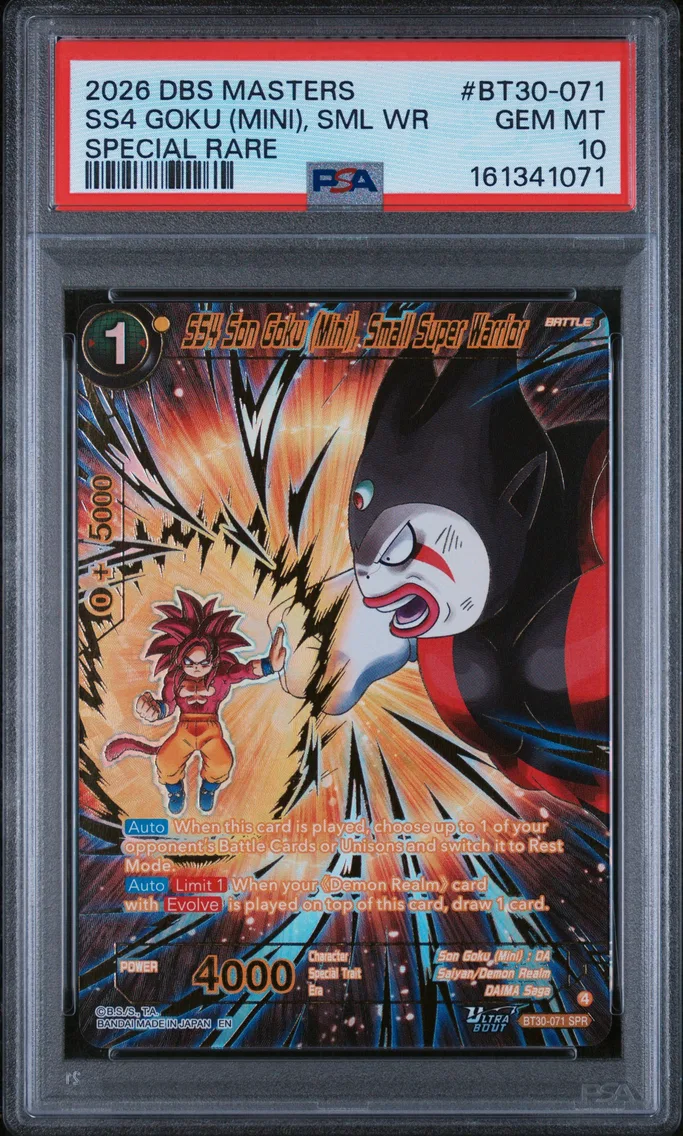 2026 #BT30-071 SS4 Son Goku (Mini), Small Super Warrior PSA 10 Dragon Ball Super Card Game Masters Series 30 Three Glorious Fighters