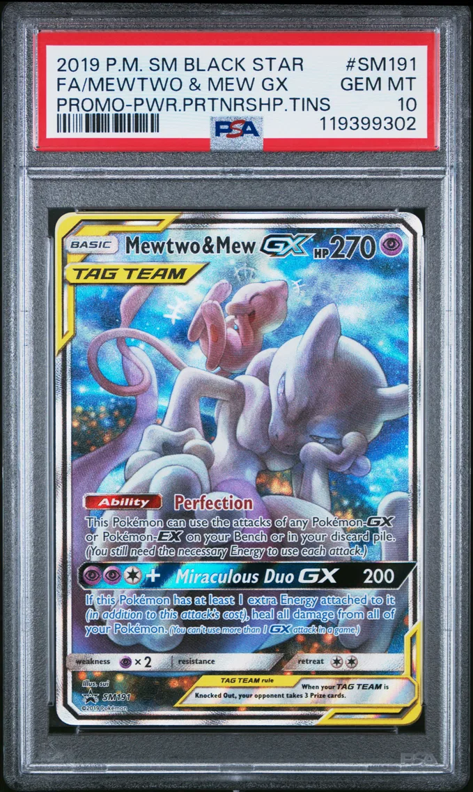 2019 #SM191 Full Art/Mewtwo & Mew GX PSA 10 SM Black Star Promo