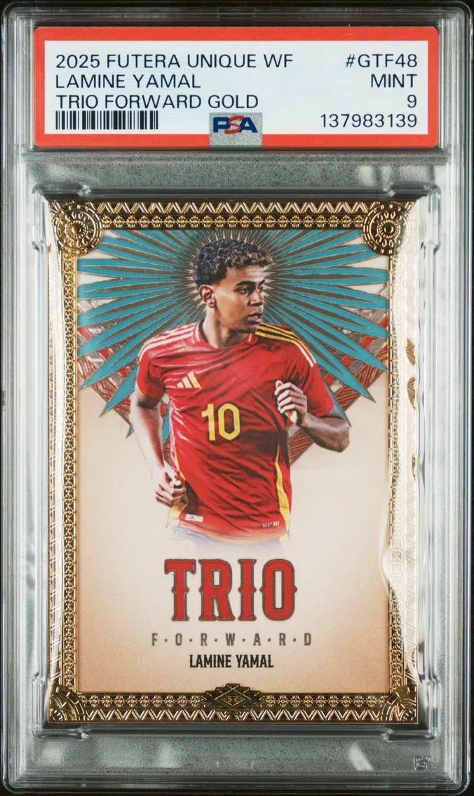 2025 #GTF48 Lamine Yamal PSA 9 Futera Unique World Football Edition 21 23CT Gold Plated Framed Trio Forward