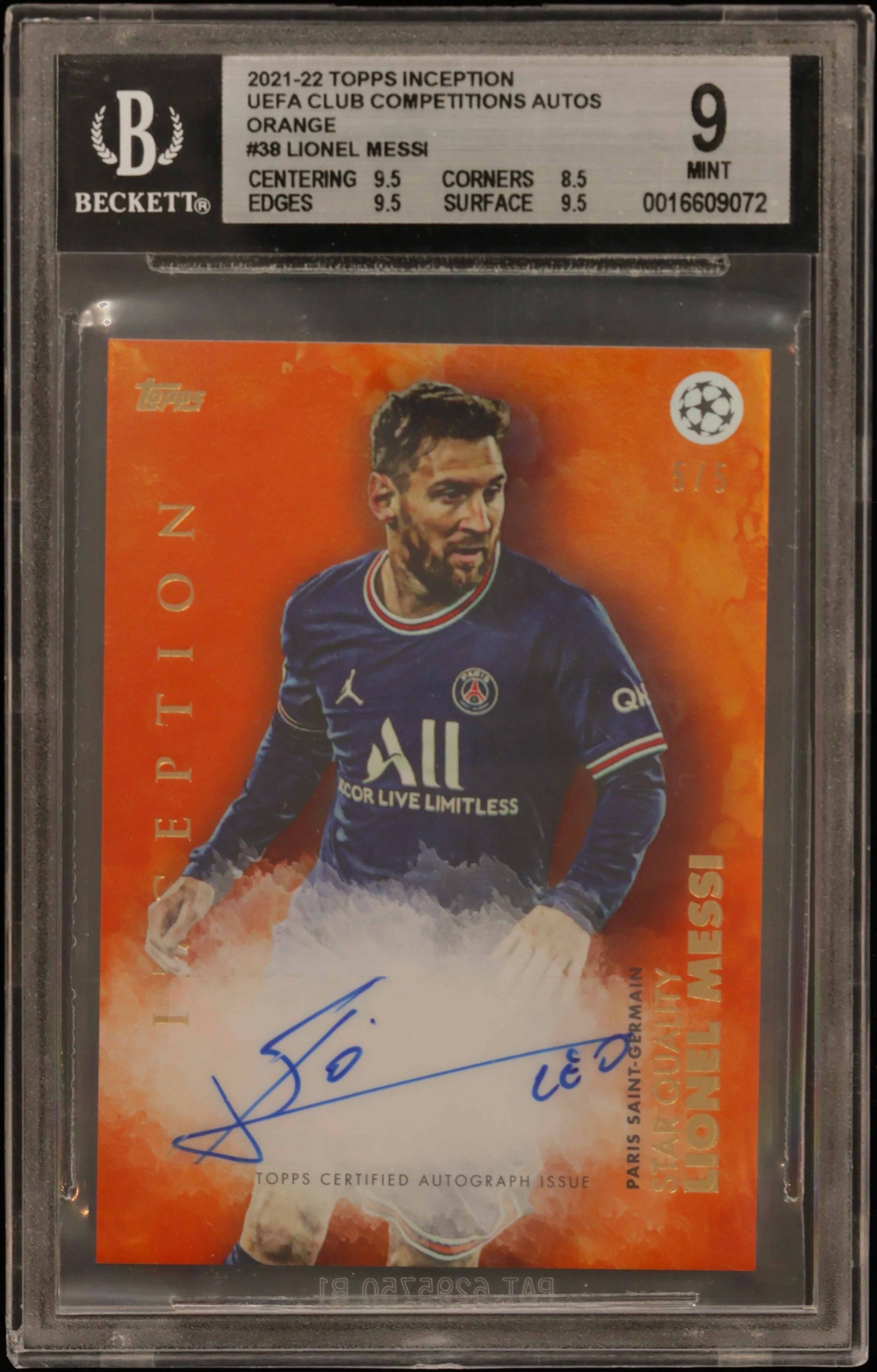 2021 #NNO Lionel Messi BGS 9 Topps Inception UEFA Club Competitions Autographs Orange
