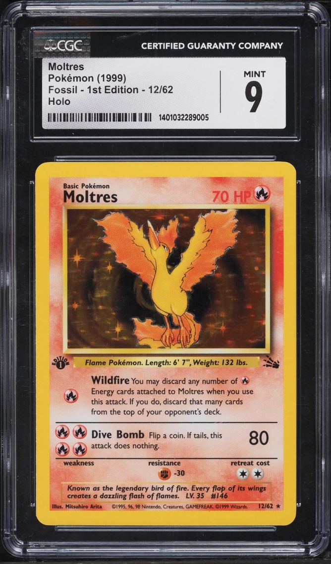 1999 #12 Moltres CGC 9 Pokemon Fossil 1st Edition Holo