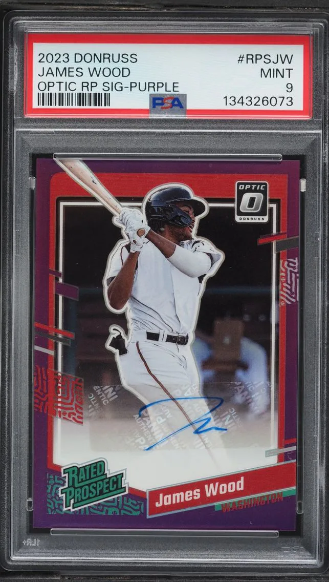 2023 Donruss Optic Signatures Purple James Wood ROOKIE AUTO /99 #RPS-JW PSA 9 MINT