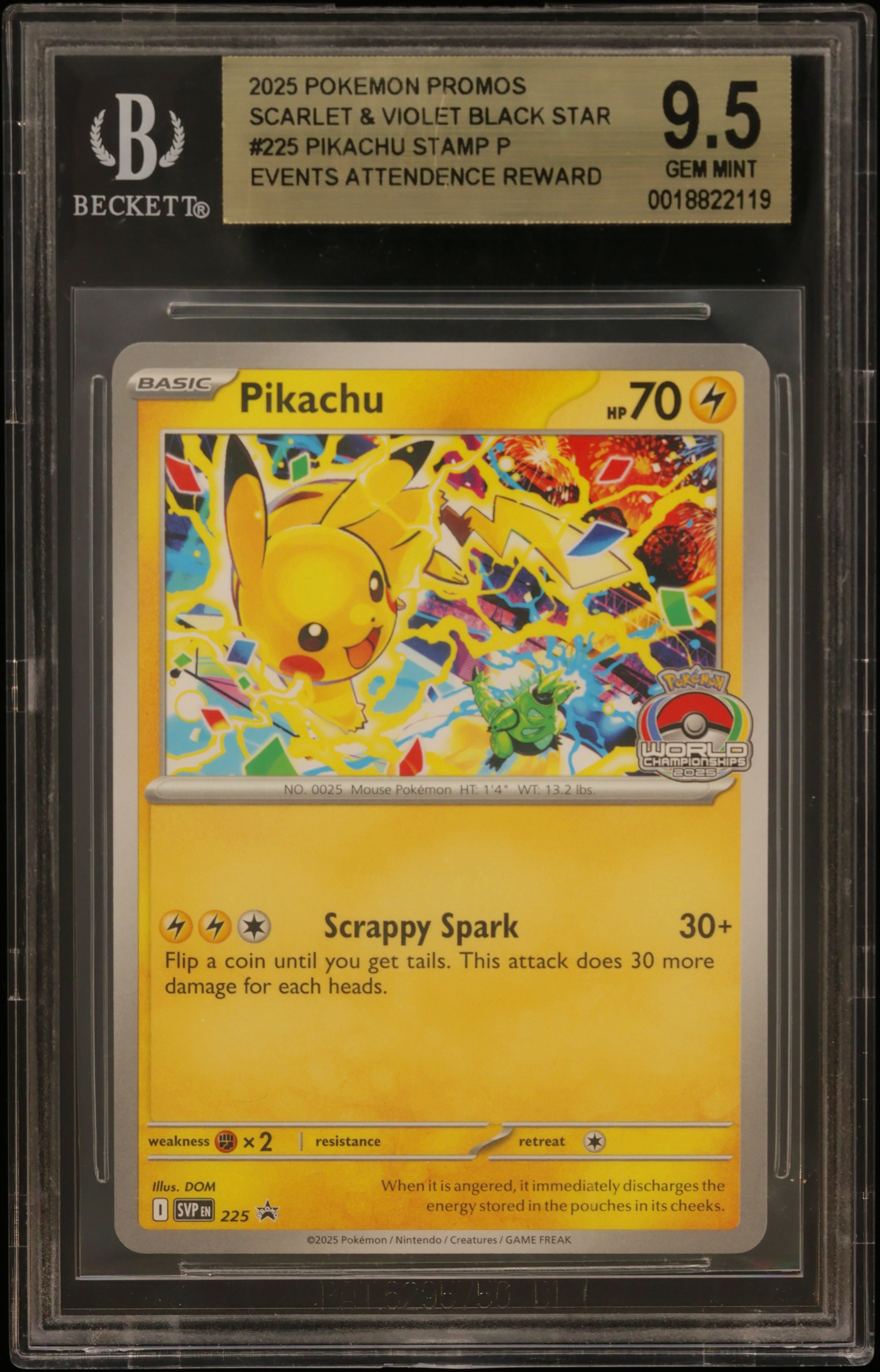 2025 #225 Pikachu Stamp P/(Play! Pokemon '25 Worlds Celebration Events Attendence Reward) BGS 9.5 Tcg Scarlet & Violet Black Star Promos