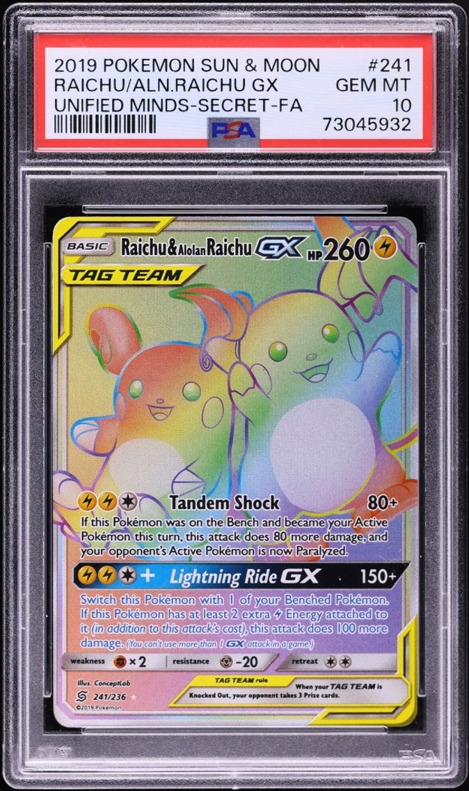 2019 #241 Sun & Moon Unified Minds Rainbow Rare Alolan Raichu GX GEM MINT PSA 10 Pokemon