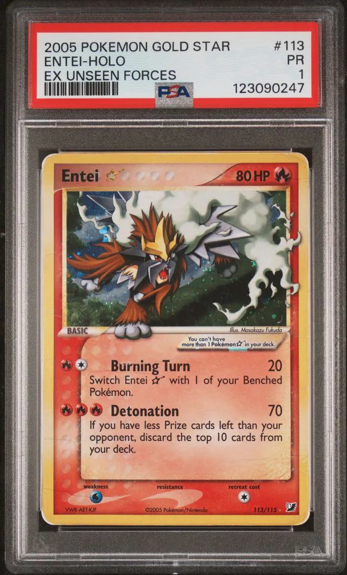 2005 #113 Entei-Holo Gold Star PSA 1 EX Unseen Forces Pokemon