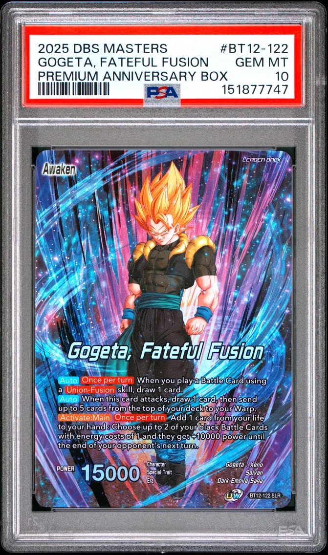 2025 #BT12-122 Gogeta, Fateful Fusion/Son Goku & Vegeta PSA 10 Dragon Ball Super Card Game Masters Premium Anniversary Box