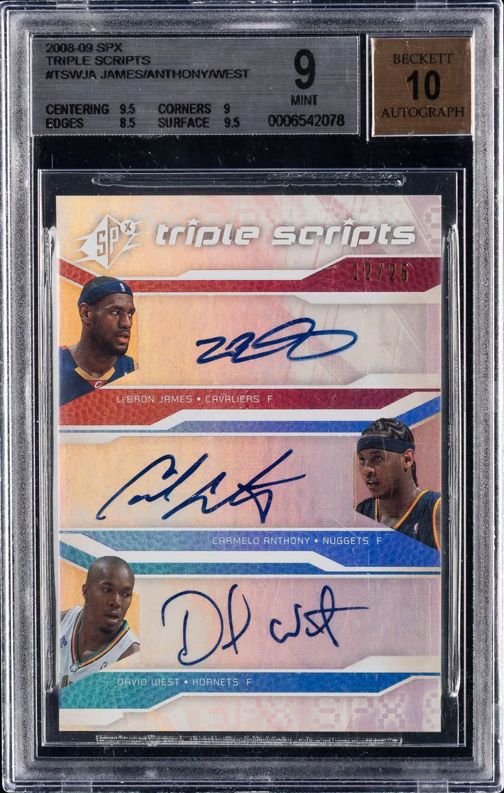 2008 #TSWJA LeBron James/Carmelo Anthony/David West BGS 9 SPx Triple Scripts Basketball