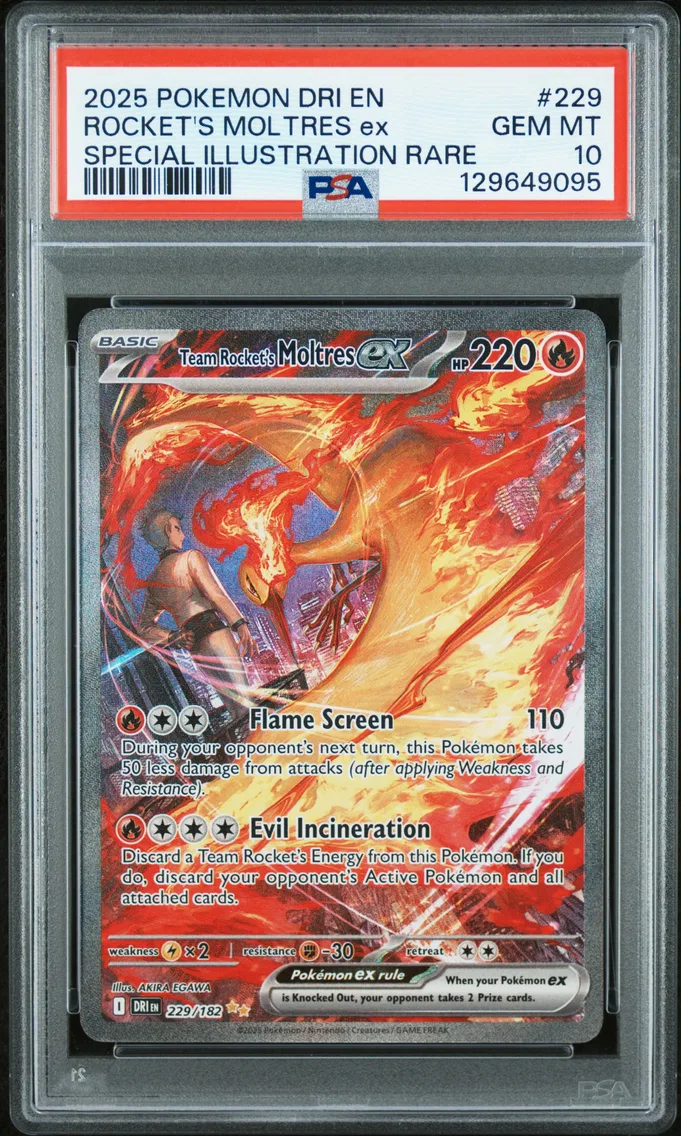 2025 #229 Team Rocket's Moltres EX PSA 10 Dri EN-Destined Rivals