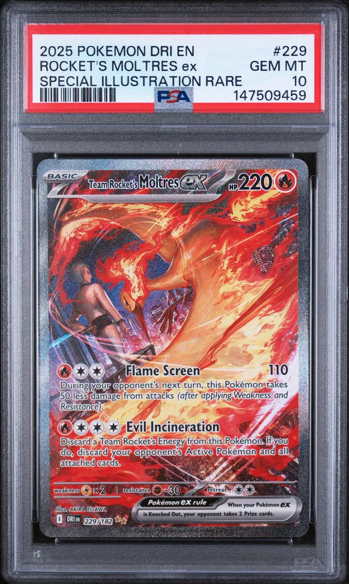 2025 #229 Team Rocket's Moltres EX PSA 10 Dri EN-Destined Rivals