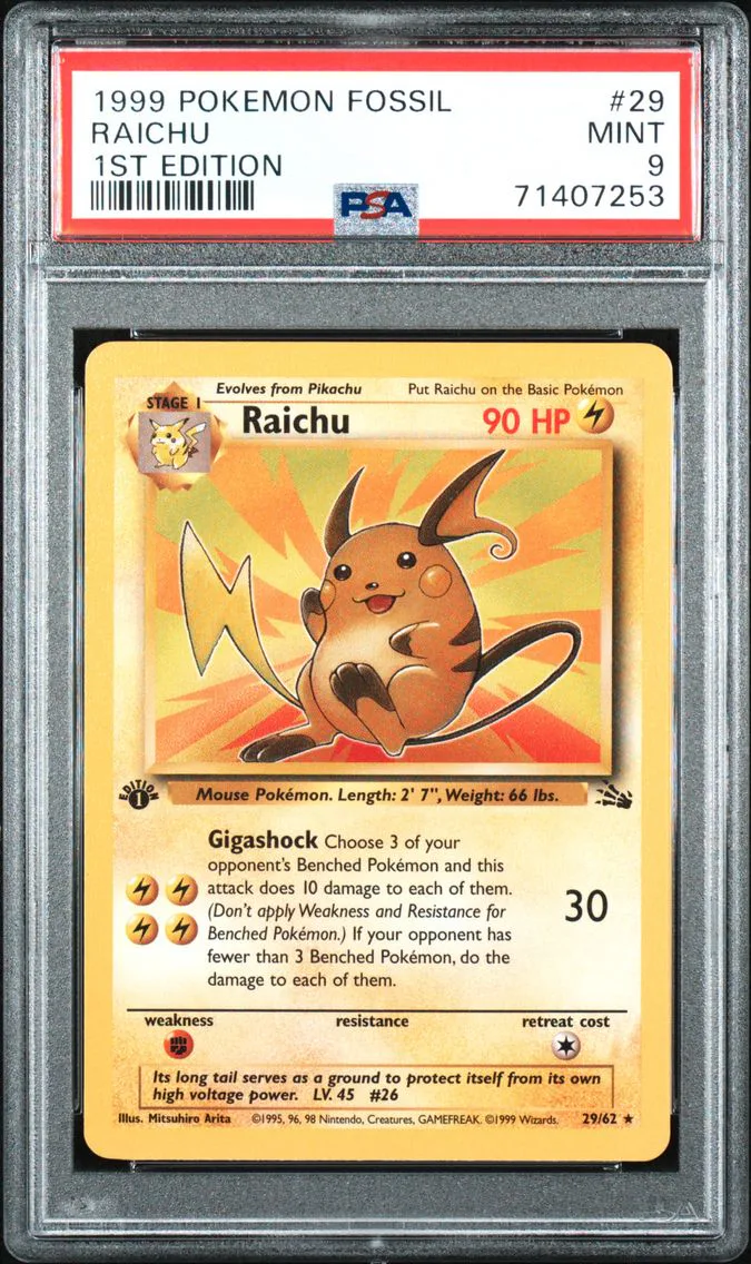 1999 Pokemon Fossil Raichu 1st Edition Fossil #29 PSA 9
