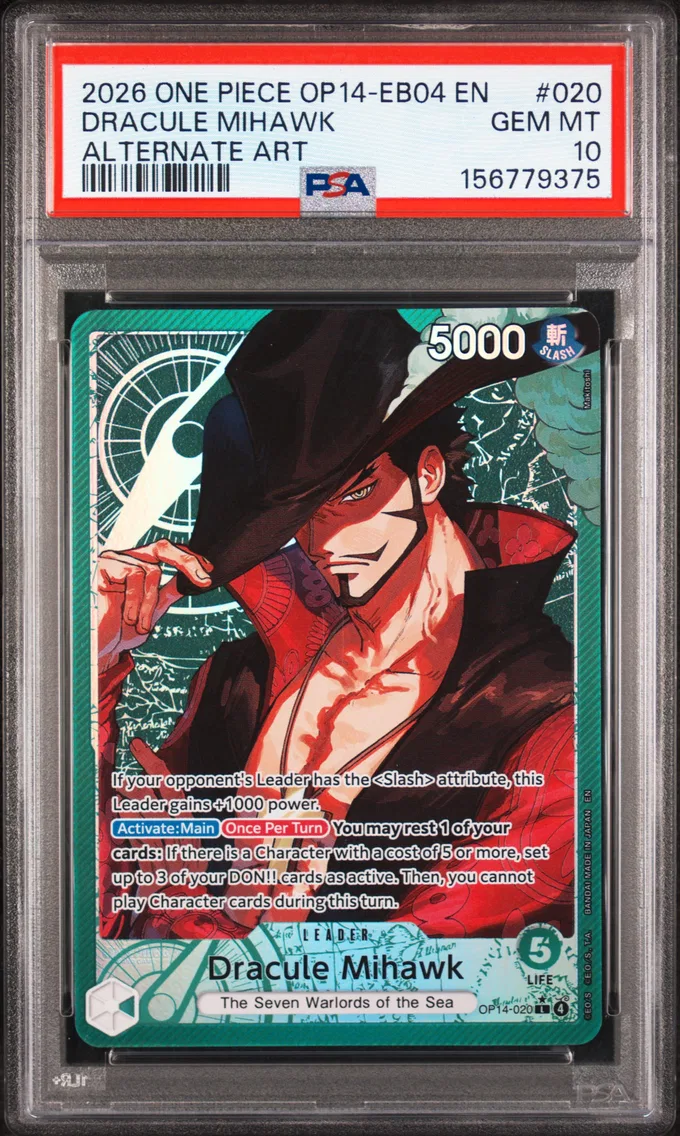 2026 #020 Dracule Mihawk PSA 10 One Piece OP14-EB04-the Azure Sea's Seven