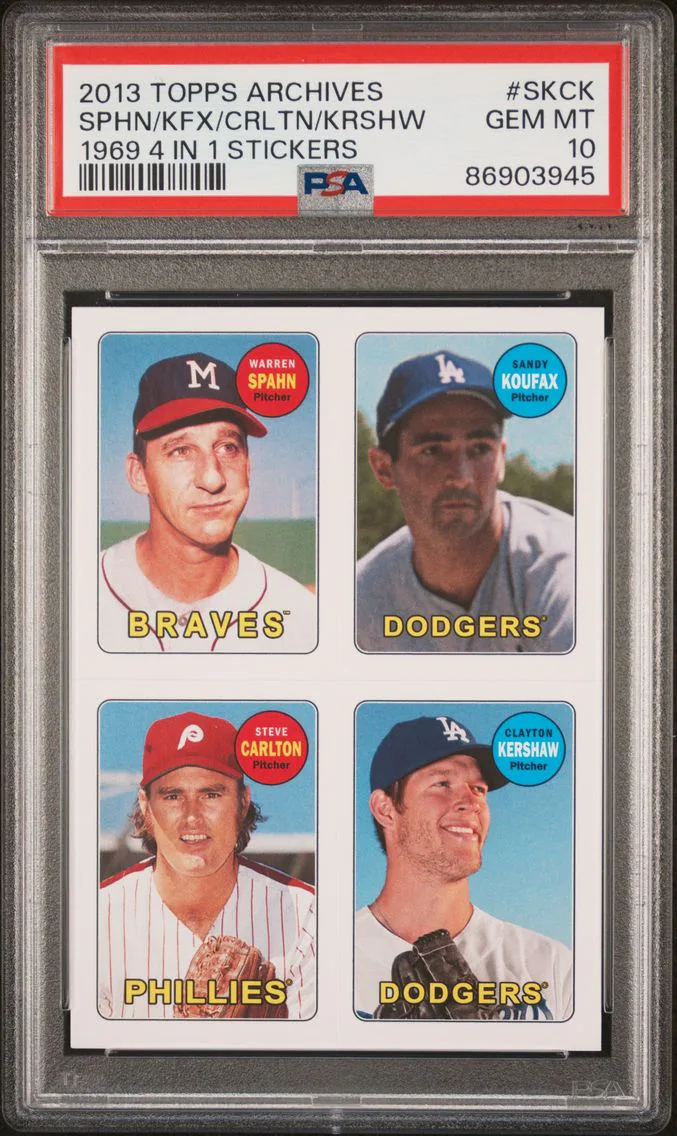 2013 #SKCK Clayton Kershaw/Sandy Koufax/Steve Carlton/Warren Spahn PSA 10 Topps Archives 1969 4 in 1 Stickers