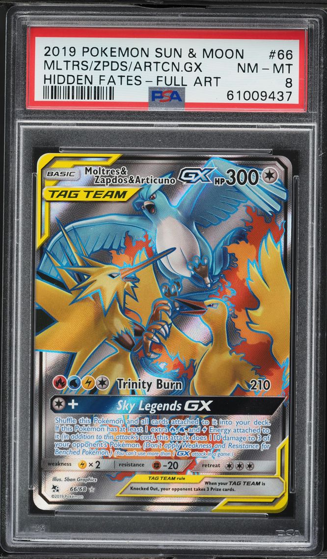 2019 #66 Full Art/Moltres & Zapdos & Articuno GX PSA 8 Sun & Moon Hidden Fates Pokemon