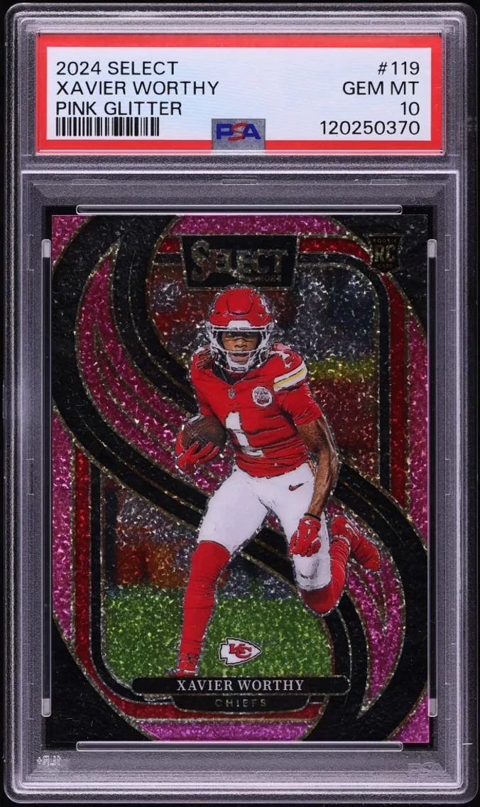2024 Select Premier Level Pink Glitter Prizm Xavier Worthy ROOKIE /15 #119 PSA 10 GEM MINT