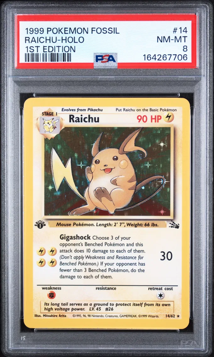 1999 Pokemon Fossil Raichu-Holo 1st Edition Fossil #14 PSA 8