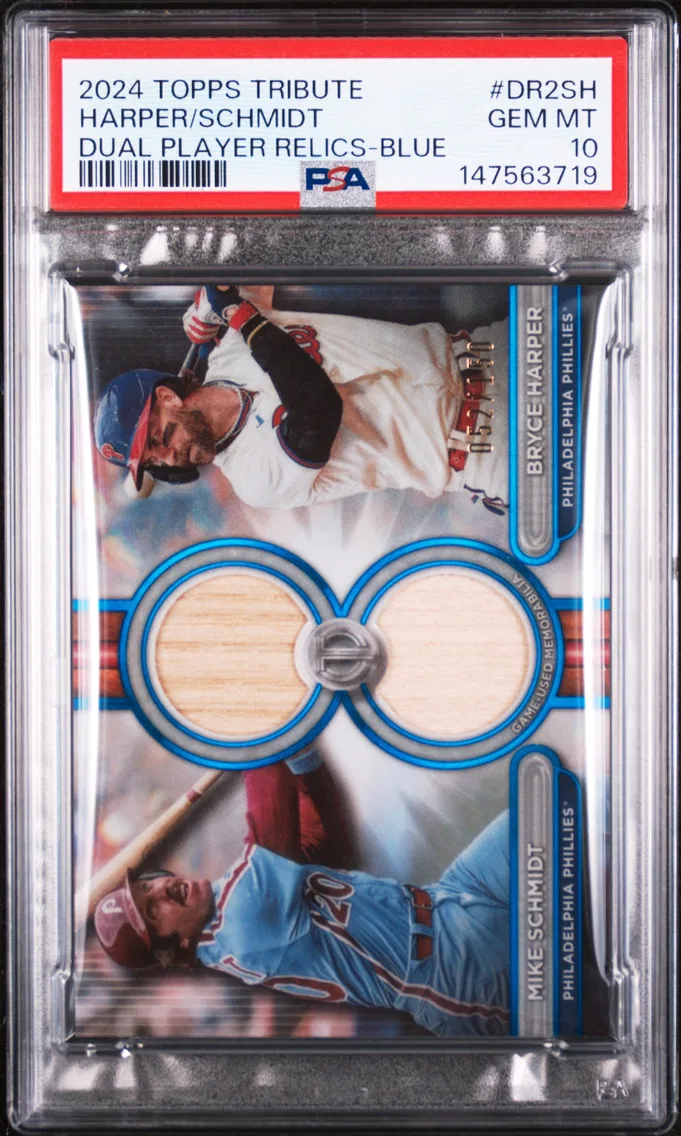 2024 #DR2SH Bryce Harper/Mike Schmidt PSA 10 Topps Tribute Dual Relics Dual Player
