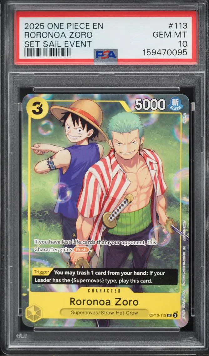2025 #OP10-113 Roronoa Zoro PSA 10 One Piece Promo Set Sail Event