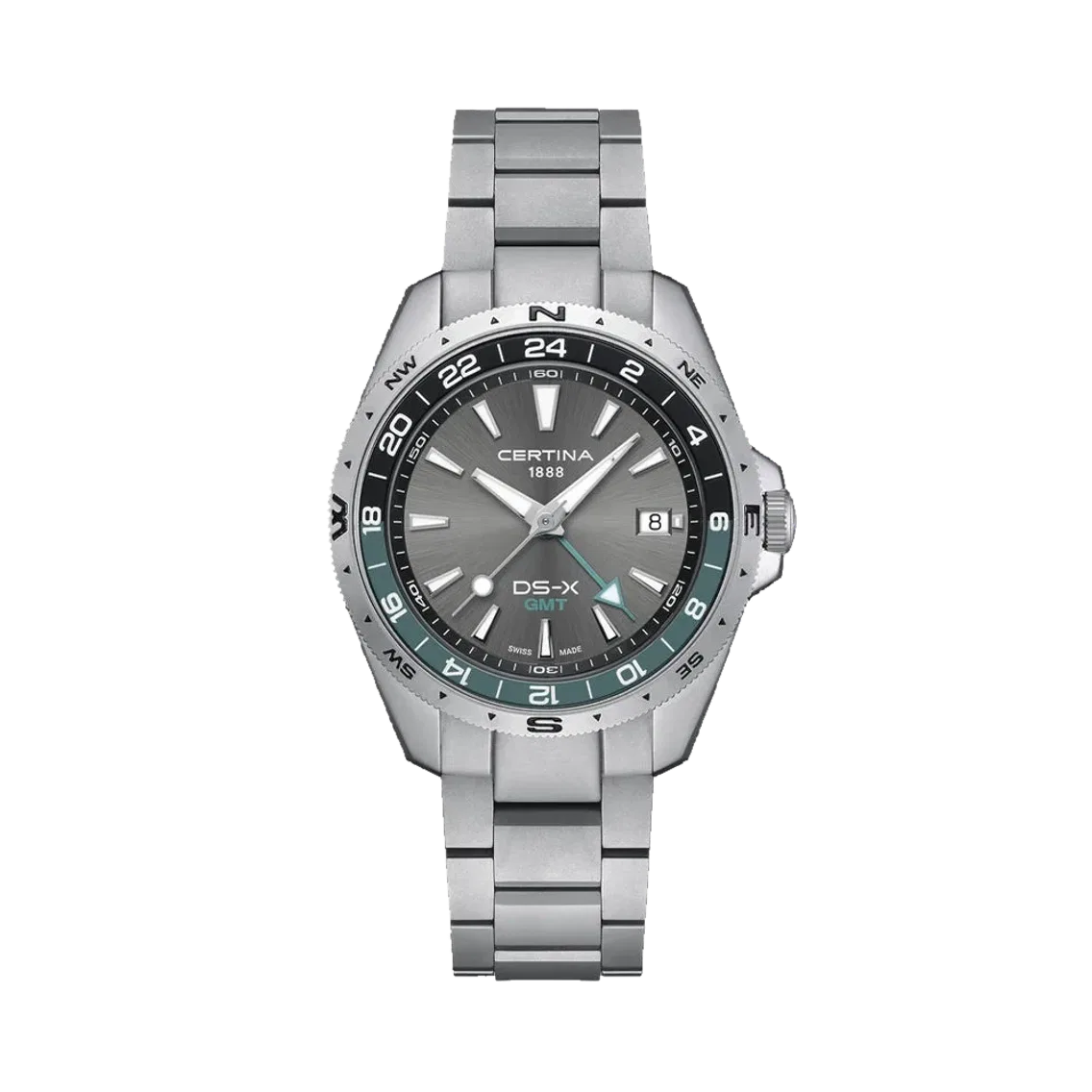 Certina DS-X "New DS Concept Extreme Shock Resistance" GMT Quartz 41mm - Grey w/ Green Bezel on Bracelet