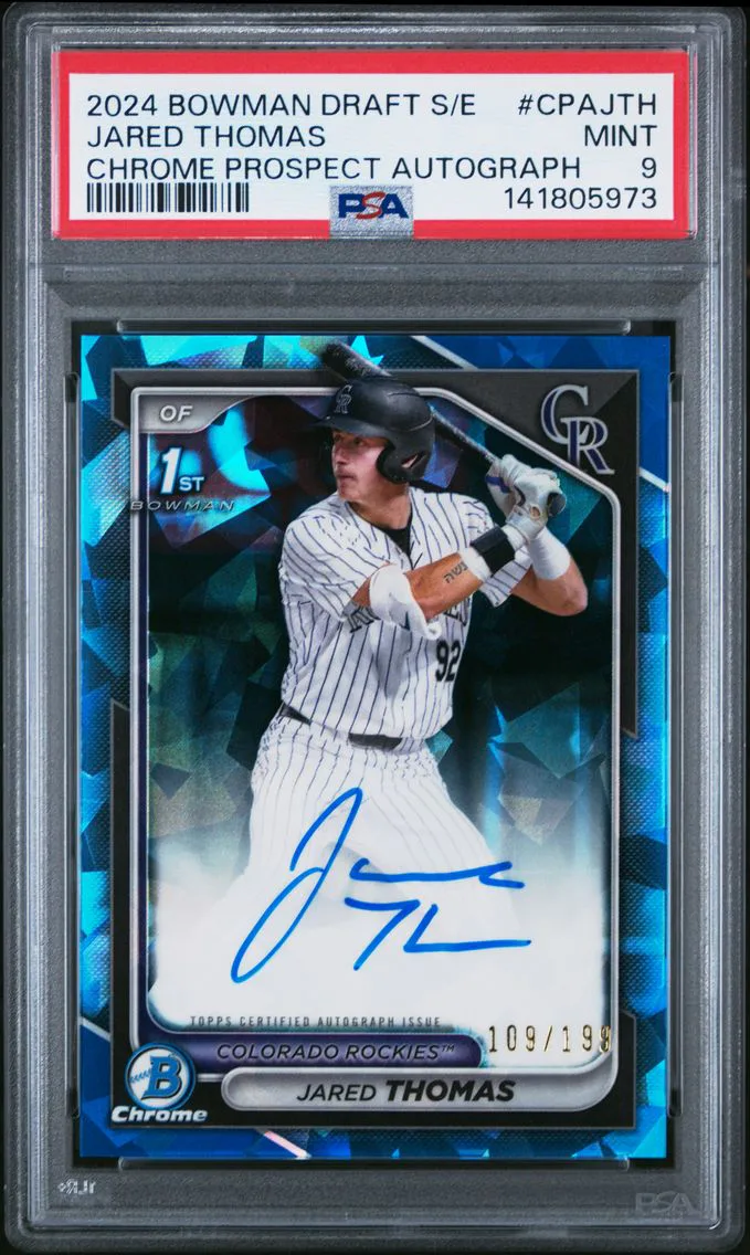 2024 #CPAJTH Jared Thomas PSA 9 Bowman Draft Sapphire Edition Chrome Sapphire Prospect Autographs