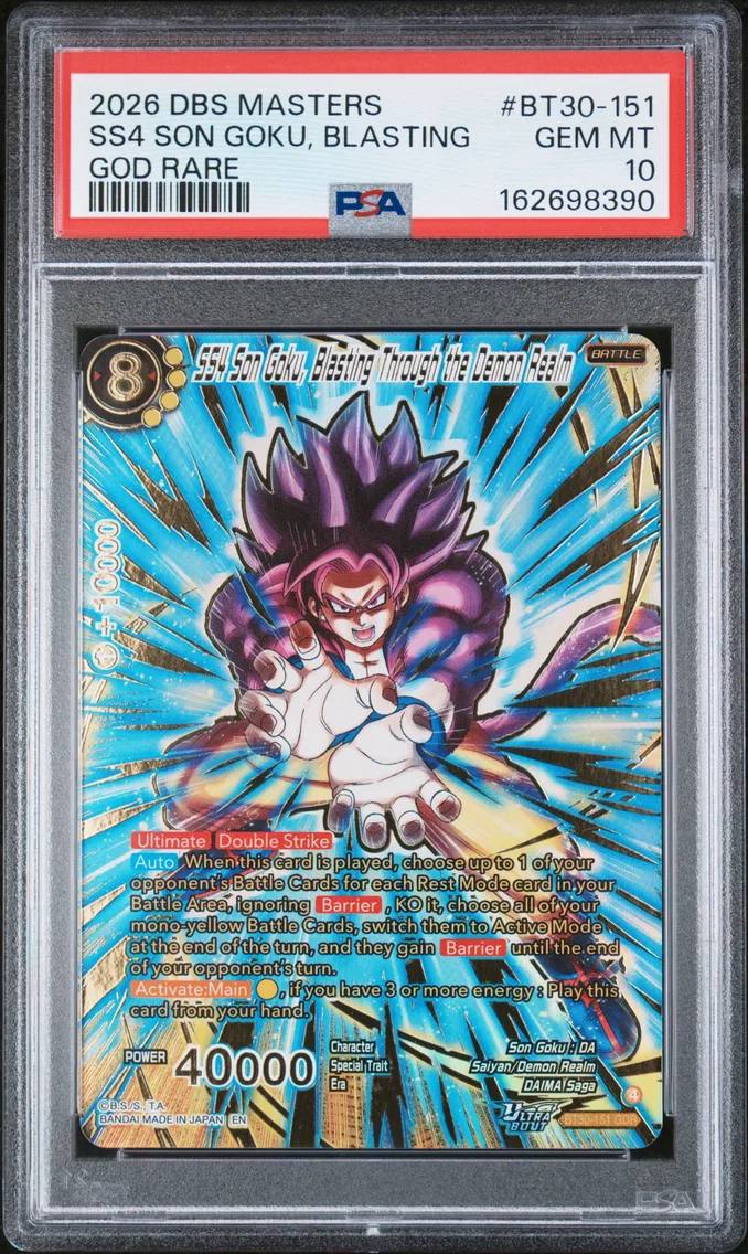 2026 #BT30-151 SS4 Son Goku, Blasting Through the Demon Realm PSA 10 Dragon Ball Super Card Game Masters Series 30 Three Glorious Fighters