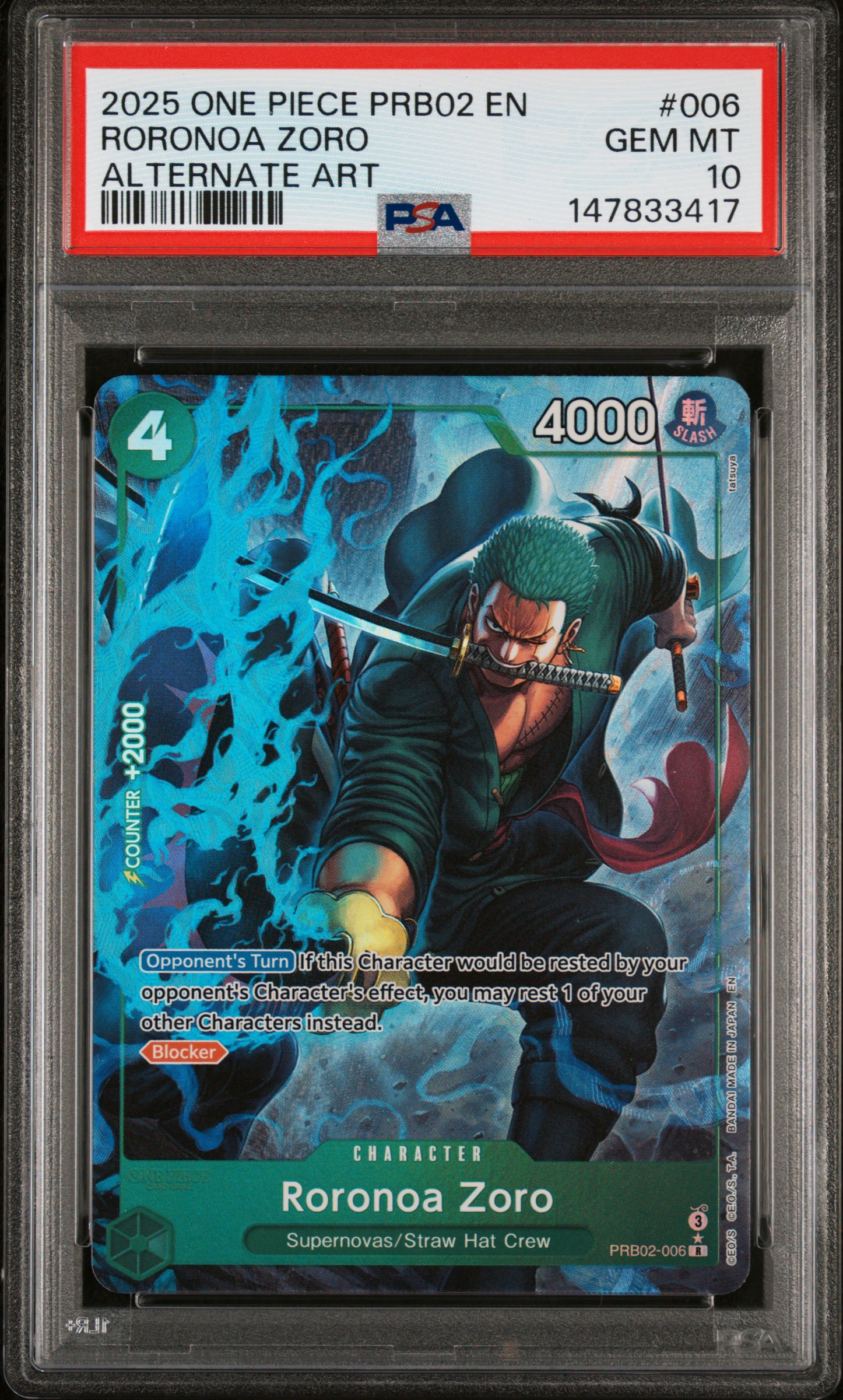 2025 #006 Roronoa Zoro PSA 10 One Piece Prb02-Premium Booster -One Piece Card The Best- Vol.2