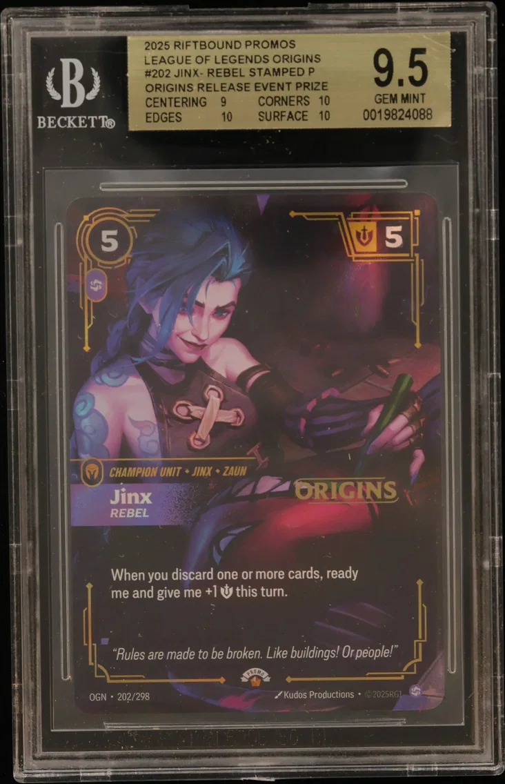2025 #202 Jinx - Rebel STAMP P/(Origins Release Event Prize Pack) BGS 9.5 Riftbound: League of Legends TCG Origins Promos