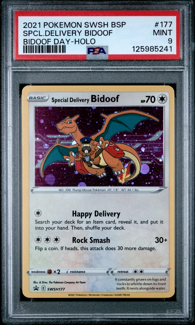 2021 Pokemon Swsh Black Star Promo Special Delivery Bidoof-Holo Swsh Black Star Promo #177 PSA 9