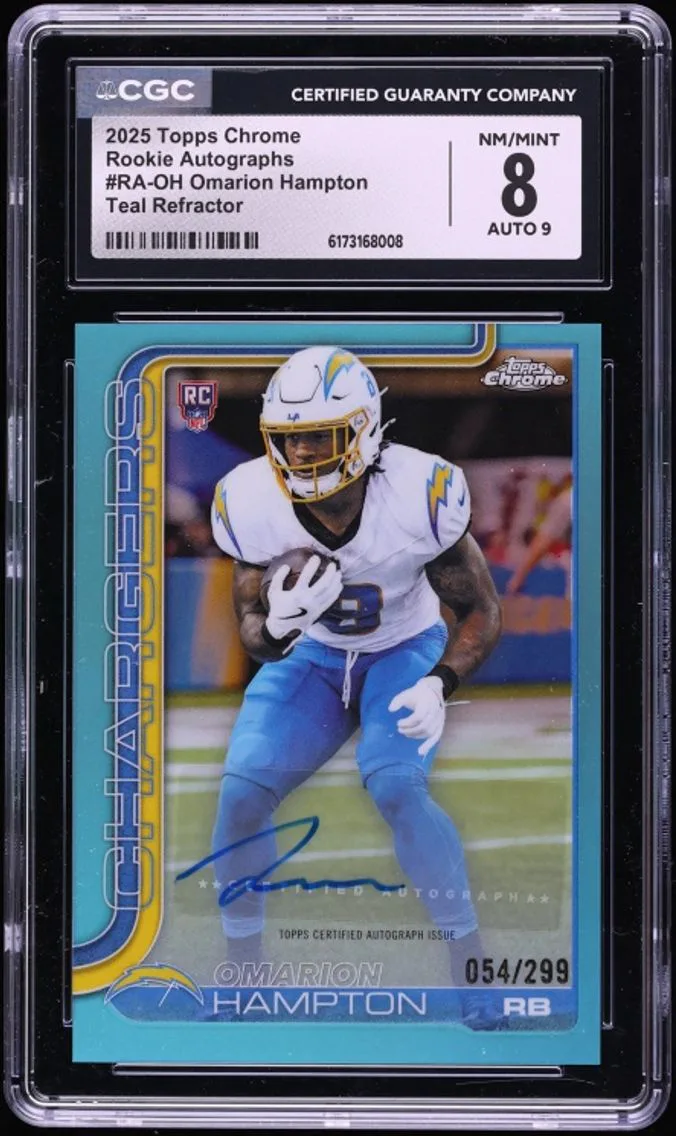 2025 Topps Chrome Teal Refractor Omarion Hampton ROOKIE AUTO /299 #RA-OH CGC 8 NM-MT