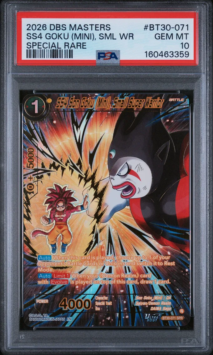 2026 #BT30-071 SS4 Son Goku (Mini), Small Super Warrior PSA 10 Dragon Ball Super Card Game Masters Series 30 Three Glorious Fighters