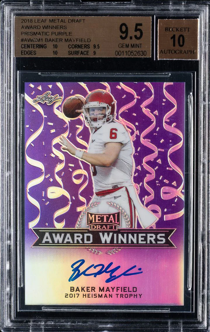 2018 #AWBM1 Baker Mayfield BGS 9.5 Leaf Metal Draft Award Winners Prismatic Purple