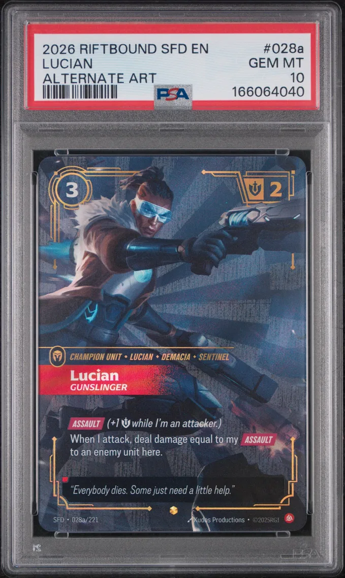 2026 #028a Lucian - Gunslinger PSA 10 Riftbound: League of Legends Sfd-Spiritforged
