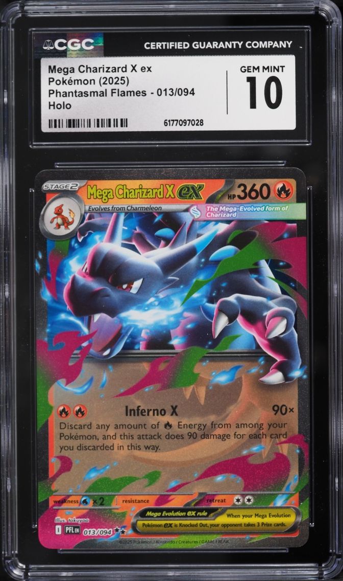 2025 #13 Mega Charizard X EX CGC 10 Pokemon Mega Evolution Phantasmal Flames Holo