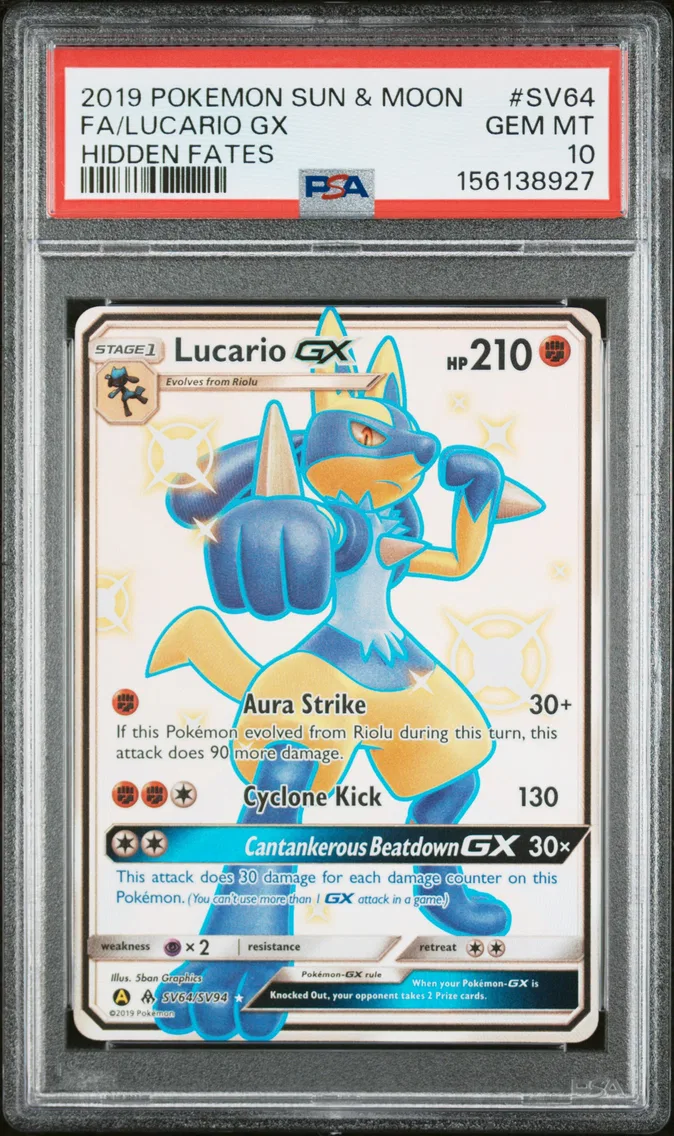 2019 #SV64 Full Art/Lucario GX PSA 10 Sun & Moon Hidden Fates