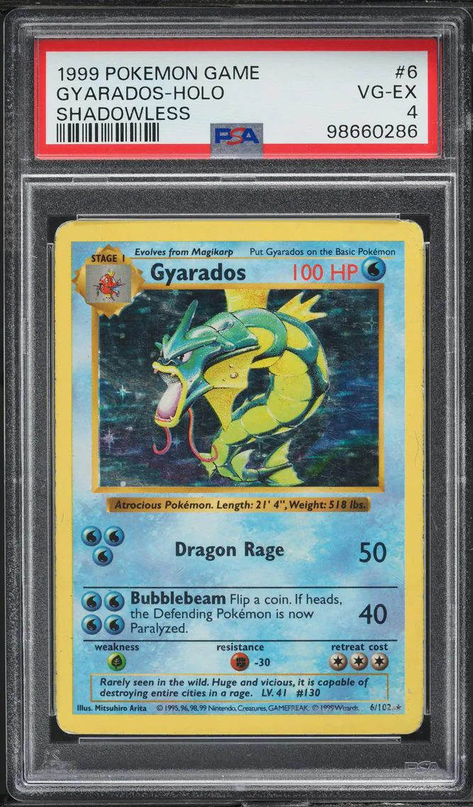 1999 Pokemon Game BASE SET SHADOWLESS HOLO GYARADOS #6 PSA 4