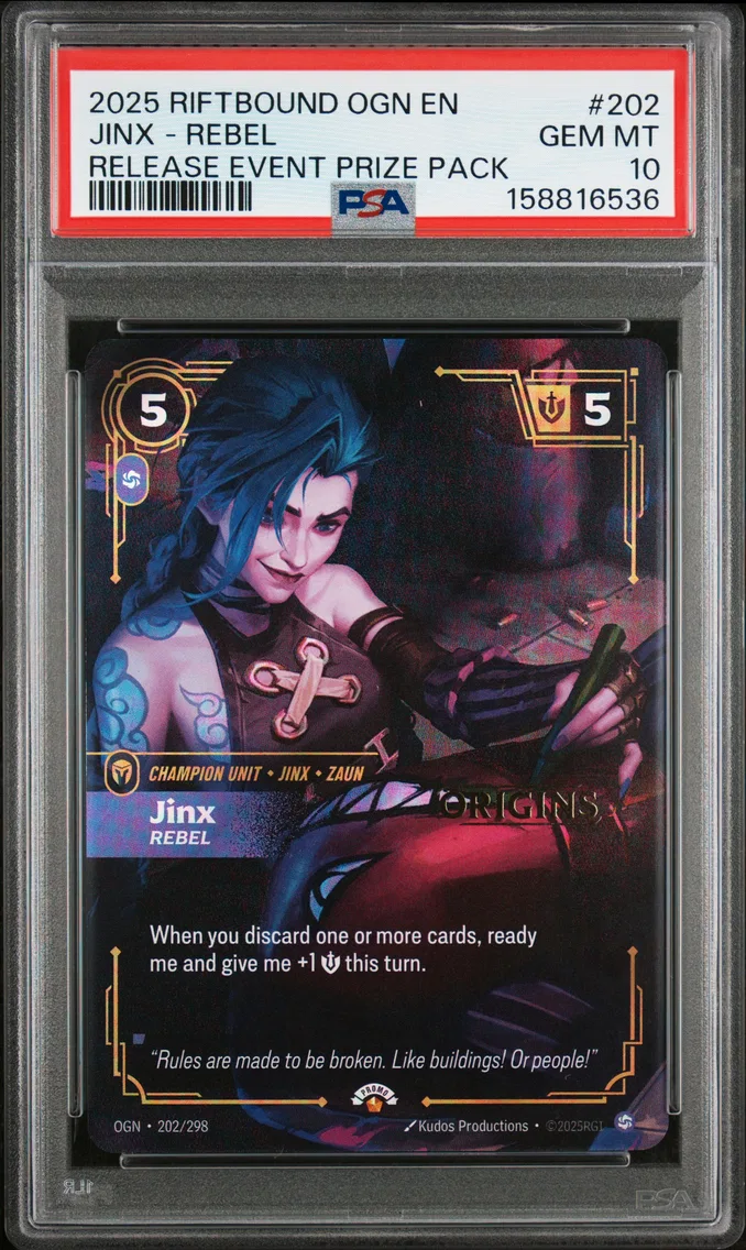 2025 #202 Jinx - Rebel PSA 10 Riftbound: League of Legends Ogn-Origins