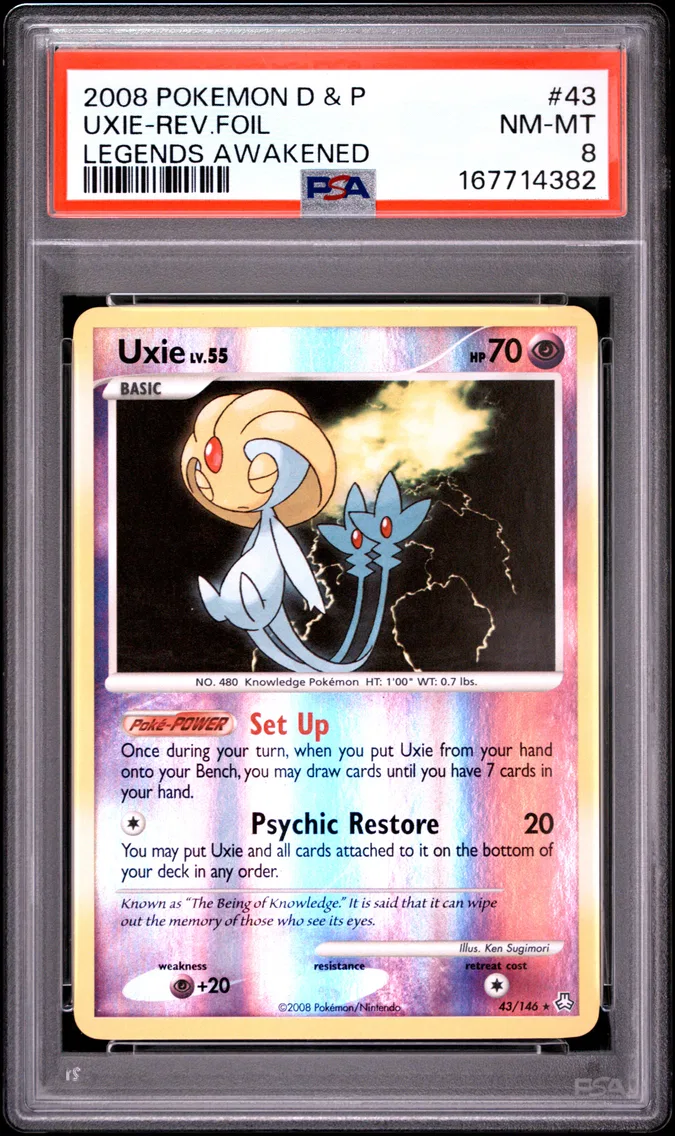 2008 #43 Uxie-Reverse Foil PSA 8 Diamond & Pearl Legends Awakened