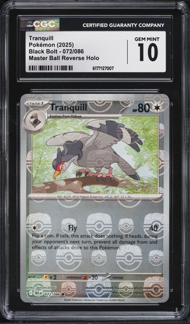 2025 Pokemon Scarlet & Violet Black Bolt Master Ball Reverse Holo Tranquill #72 CGC 10 GEM MINT