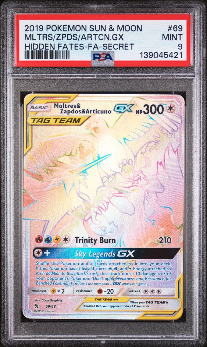 2019 #69 Full Art/Moltres & Zapdos & Articuno GX PSA 9 Sun & Moon Hidden Fates Pokemon