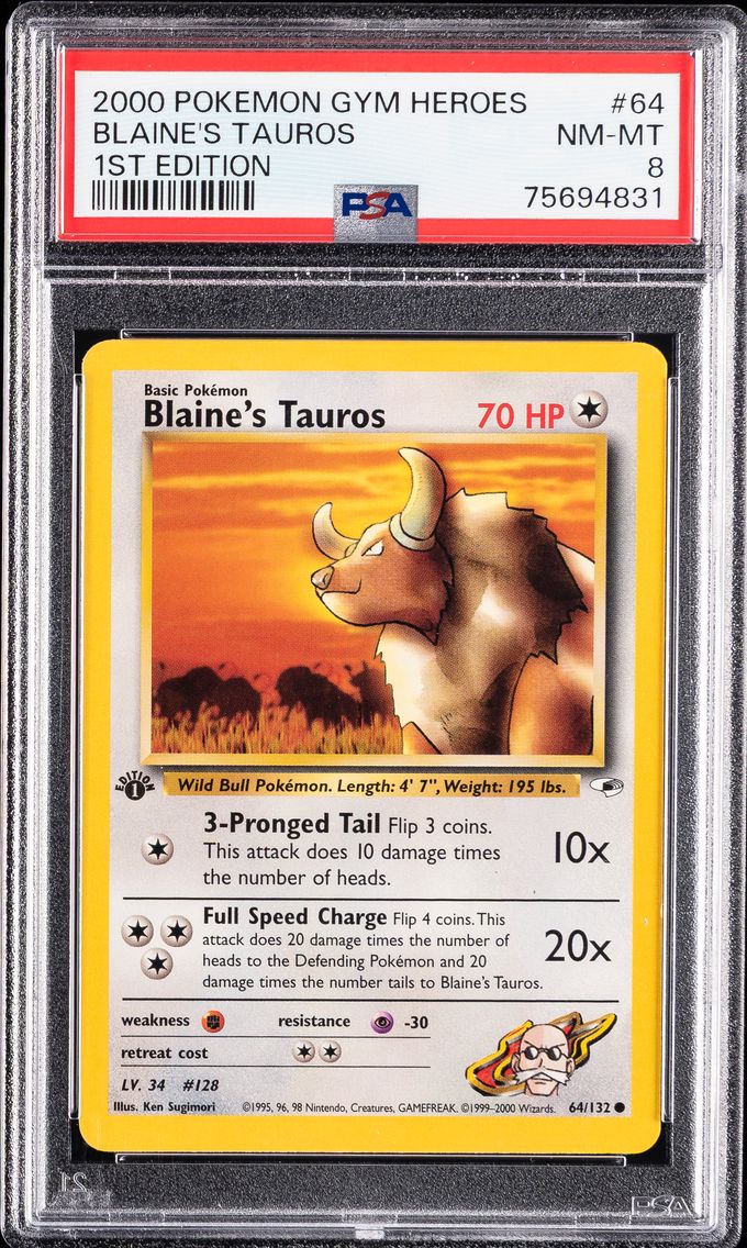 2000 #64 Blaine's Tauros 1st Edition PSA 8 Gym Heroes Pokemon